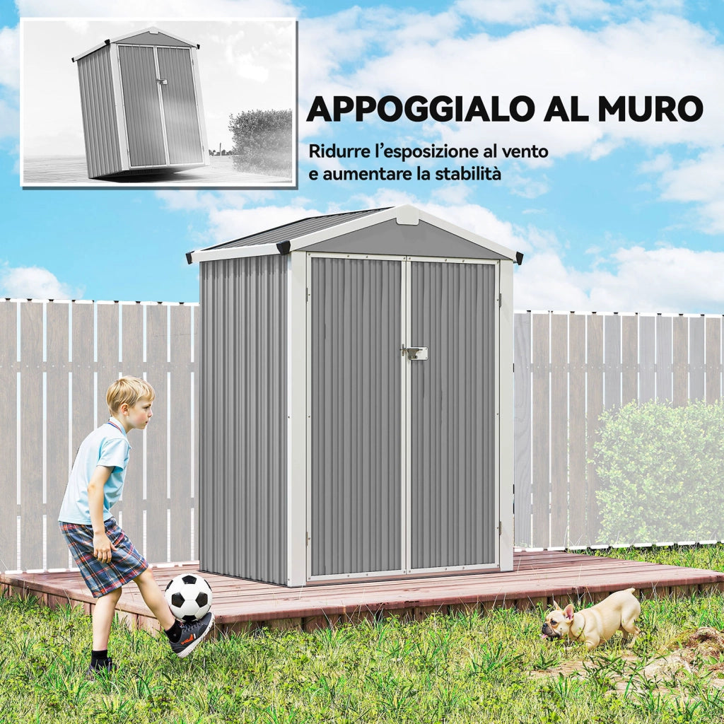 Casetta Box da Giardino 133x87x178 cm Superficie 1,1 m² con Doppie Porte Bloccabili in Acciaio Grigio Argento