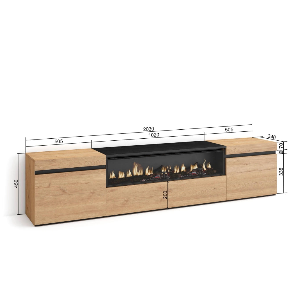 Mobile TV, 200x35x45cm, soggiorno, Per TV fino a 80", Camino elettrico, colore Rovere e nero RF2151