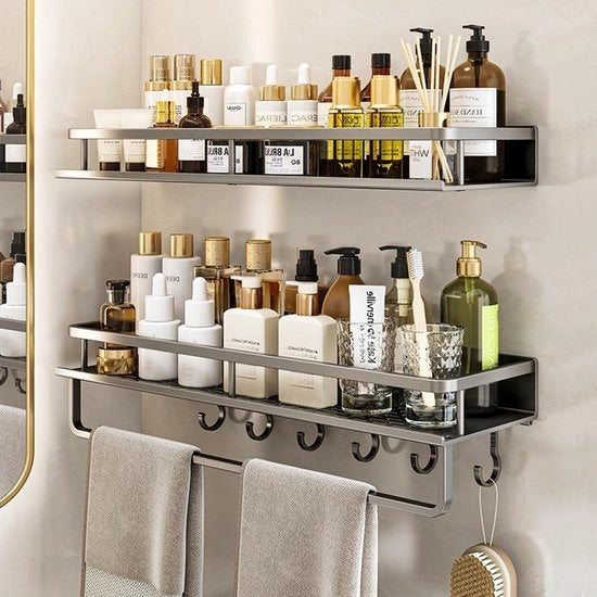 Organizzatore premium per doccia senza perforazione - 2 pezzi - Organizzatore in acciaio inossidabile - Set di appendi asciugamani e 5 ganci per doccia - Grigio - Ideale per la camera da bagno, la camera da letto e la cucina - Dimensioni 30 cm.