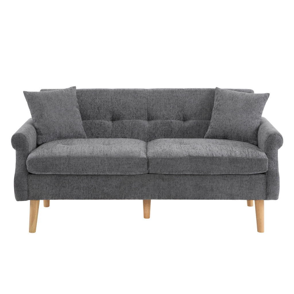 Divano a 2 posti in tessuto Chenille grigio, struttura in legno massello, seduta imbottita 15 cm