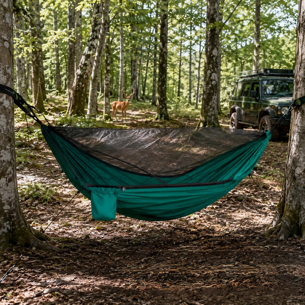 Amaca Outdoor Con Zanzariera Integrata E Cinghie Di Fissaggio In Nylon 210T Resistente Per Campeggio Trekking E Viaggi 290 x 140 Cm Verde