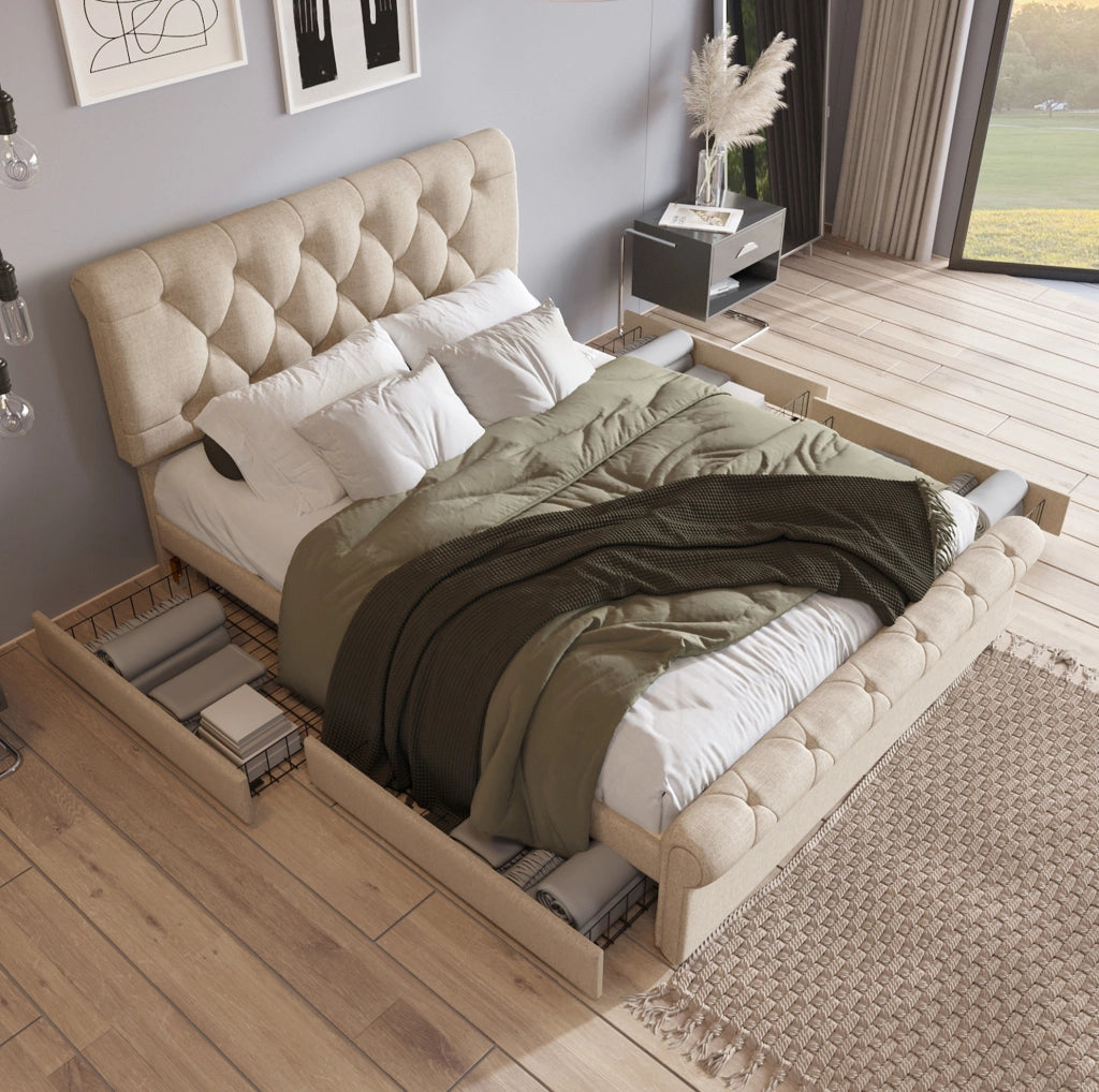Letto imbottito 140x200 cm con materasso, 4 cassetti e testiera regolabile