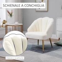 Poltrona in Velluto Imbottita con Schienale a Conchiglia e Gambe in Acciaio per Camera e Salotto, 63x65x84cm, Crema
