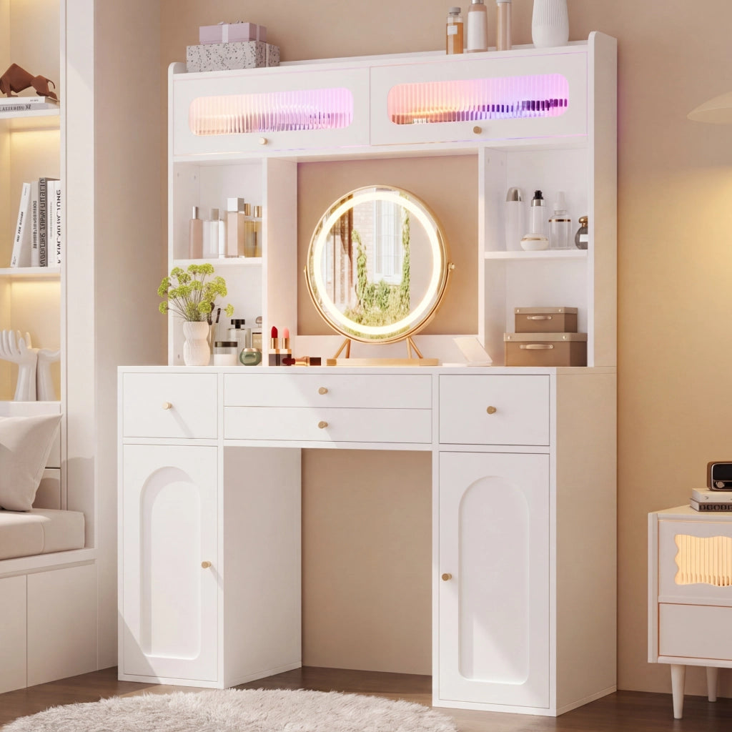 Tavolo da trucco con specchio rotondo, illuminazione LED, 4 cassetti, 4 vani aperti, 2 armadietti e 2 ante in vetro, bianco, 120¡Á40¡Á160 cm