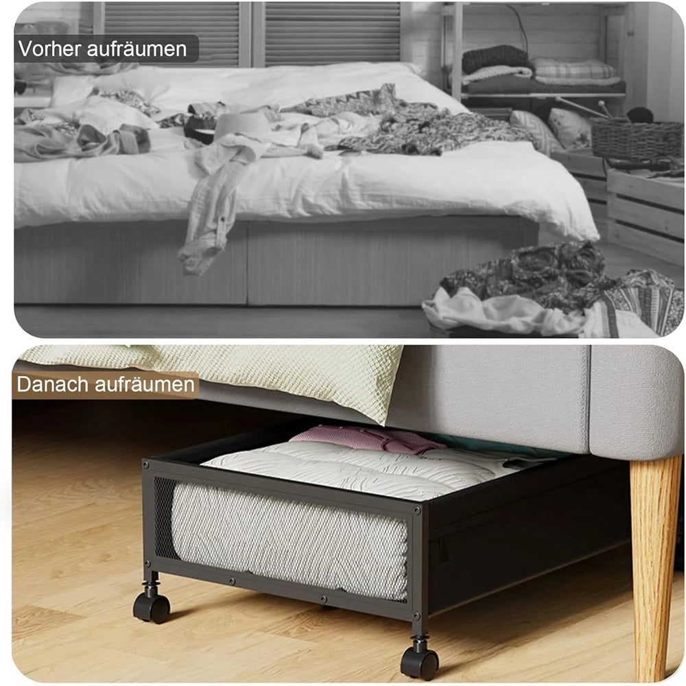 Trade Shop - Contenitore Portaoggetti Sottoletto In Metallo Con Ruote Coperchio Biancheria Salvaspazio -