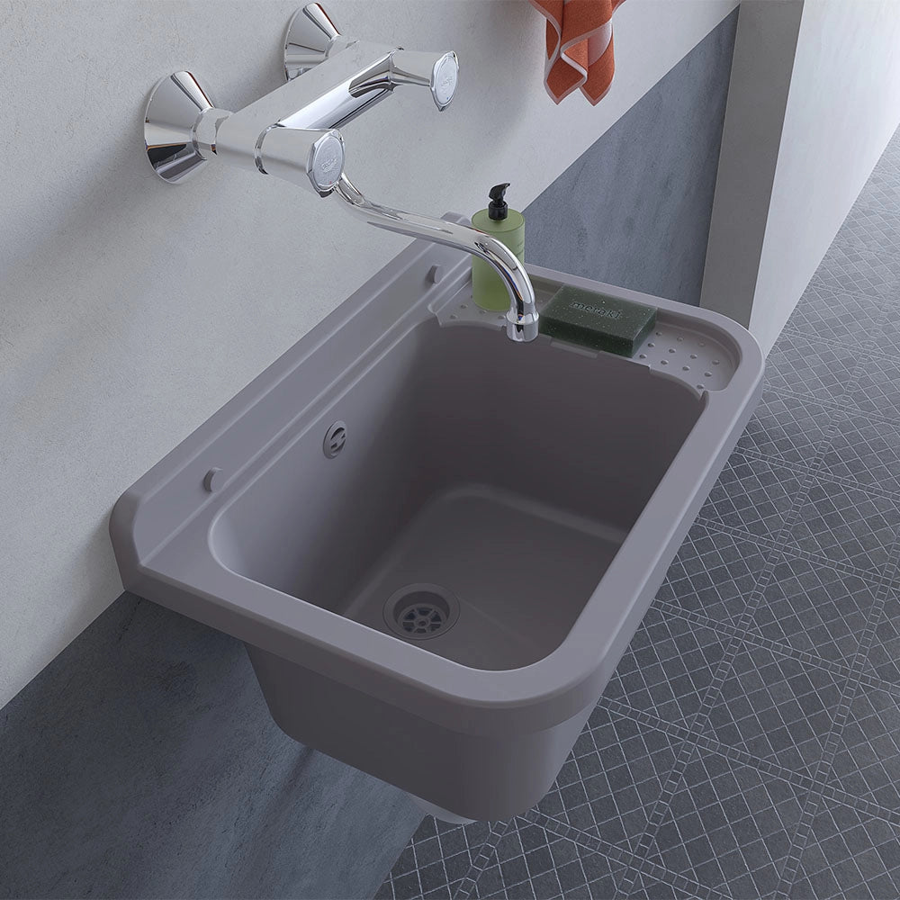 Lavatoio in resina 60x34 grigio con miscelatore a canna alta inox e scarico incluso