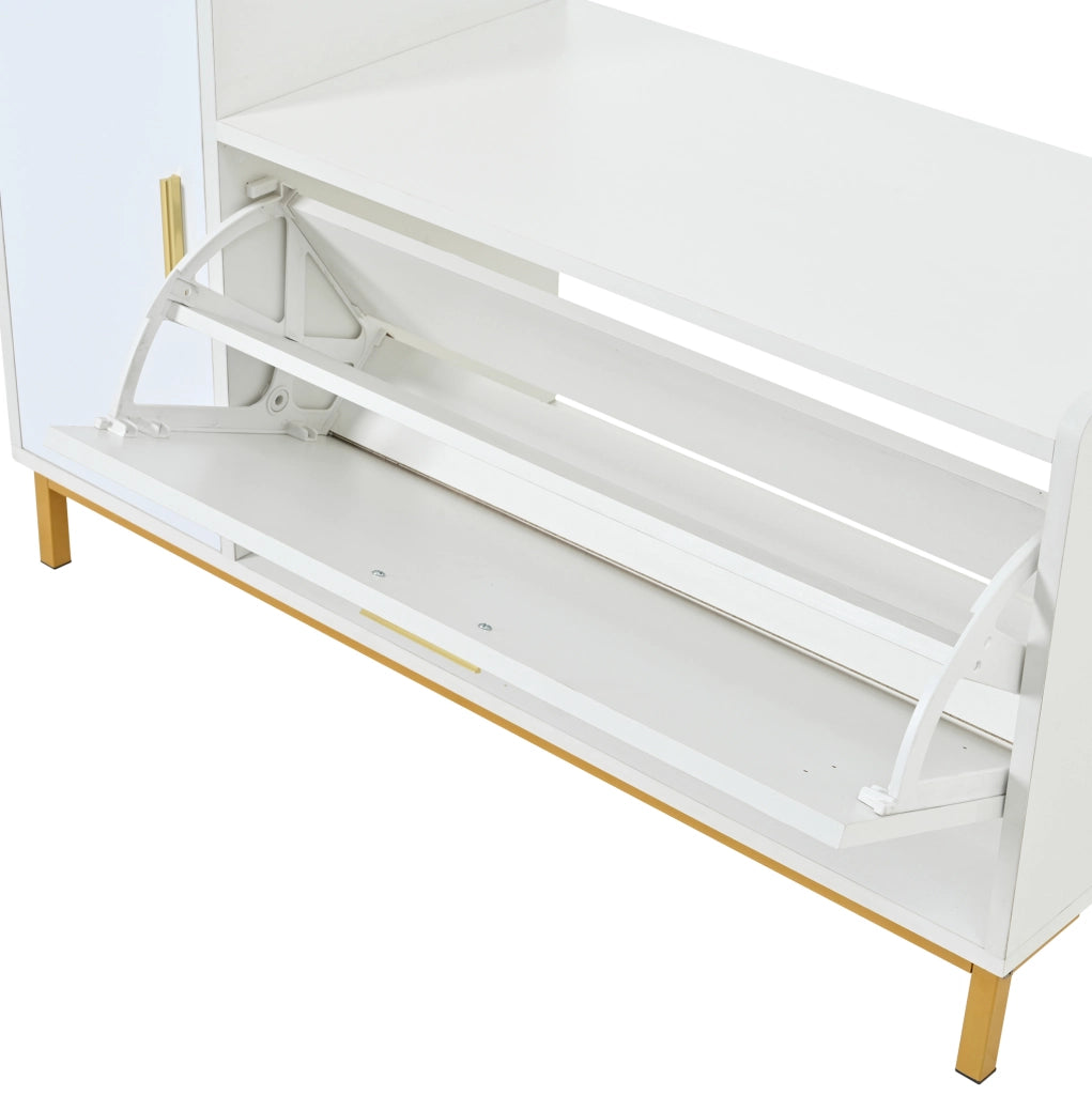 Scarpiera con panca 100 x 38 x 68 cm; 2 ripiani; 1 armadietto; finitura lucida bianco e oro