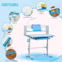 Banco Scuola per Bambini 6-12 Anni Regolabile con Luce LED, Leggio e Portapenne, in MDF, PP e Acciaio, Azzurro