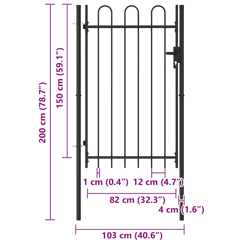Cancello per recinzione Boxtel porta singola con parte superiore ad arco in acciaio 1x1,5 m Nero 146031