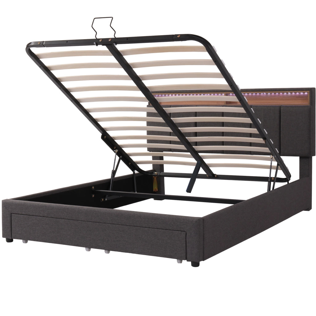 OKWISH Letto Contenitore 140×200 cm, Letto Matrimoniale con LED Regolabile, Vano Contenitore e Cassetti e Scomparti, senza Materasso, Lino, Grigio