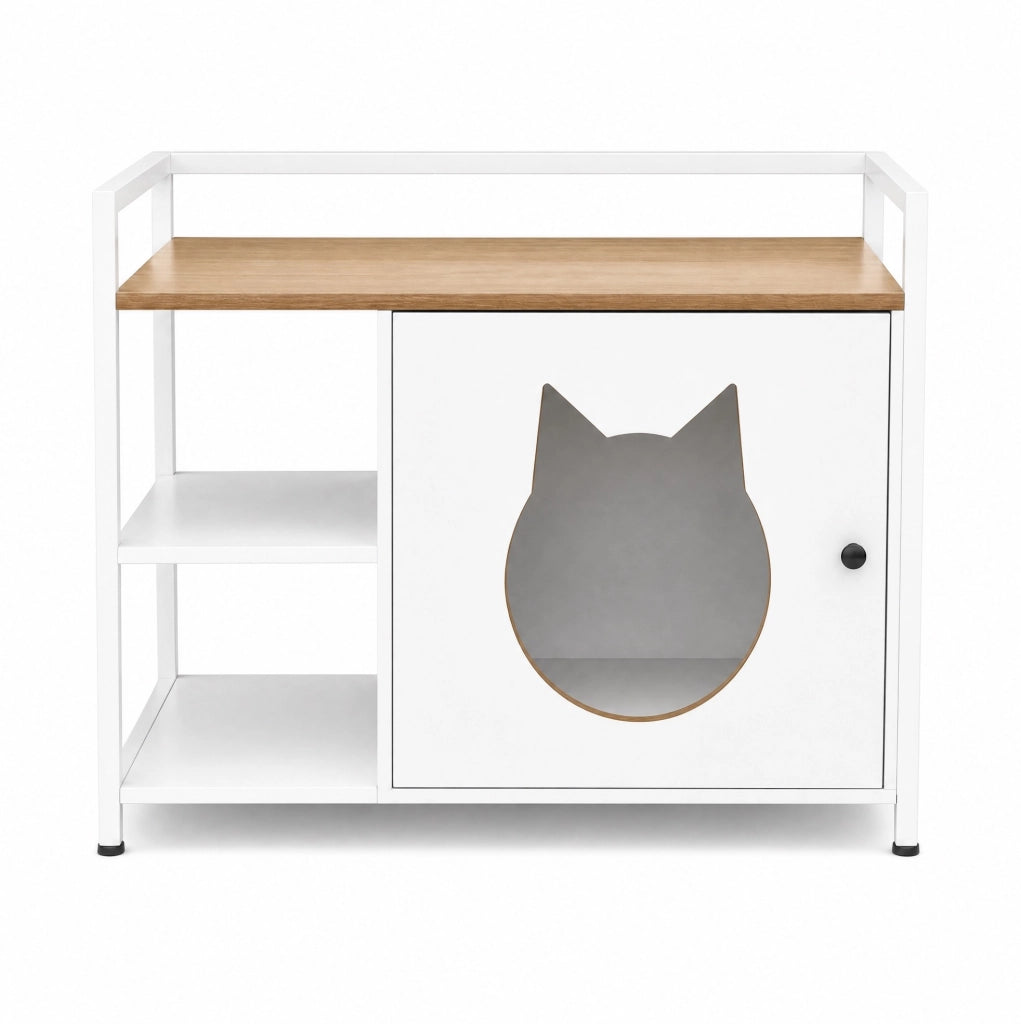 Mobiletto per lettiera per gatti con 2 ripiani aperti; in MDF e metallo; bianco e rovere chiaro