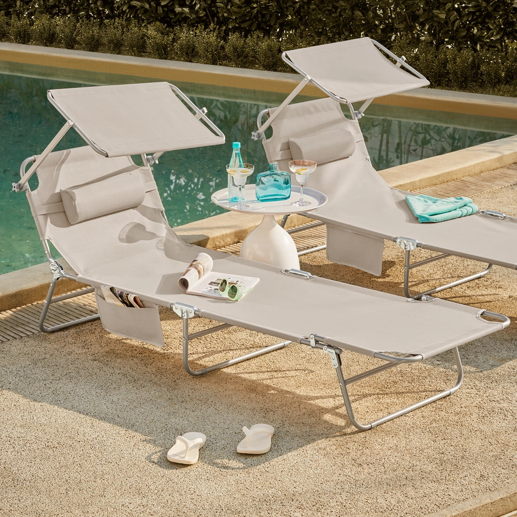 SoBuy Set di 2 Sdrai da Giardino Reclinabile Lettino Prendisole Pieghevole con Cuscino Tasca Laterale e Parasole Sedia Sdraio da Esterno per Patio Campeggio Spiaggia Beige 155x56x81cm OGS48-MIx2