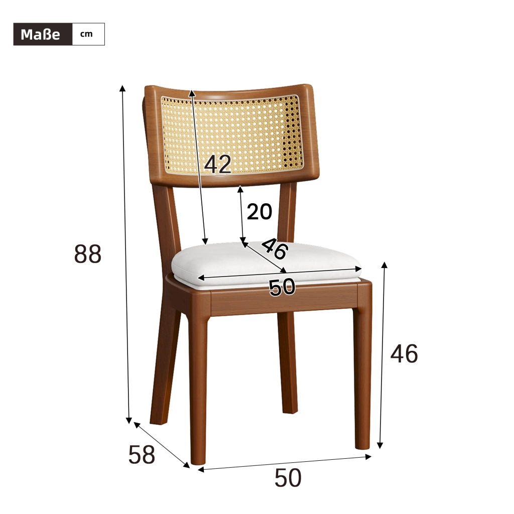 Set di 2 sedie da pranzo in legno massiccio con schienale in rattan e cuscino in lino, colore noce