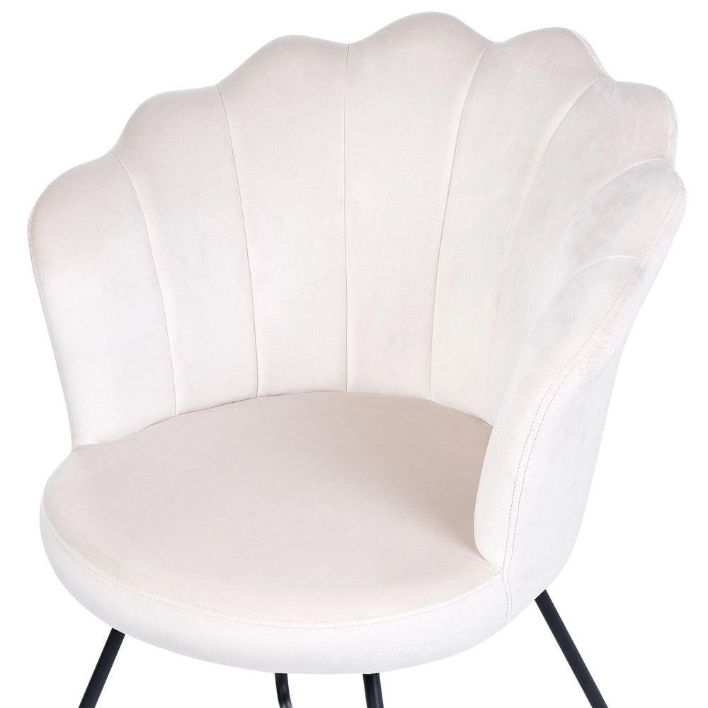 Poltrona senza braccioli Seduta rotonda Schienale a conchiglia Design vintage Rivestimento in velluto bianco sporco Design classico vintage Struttura in metallo nero