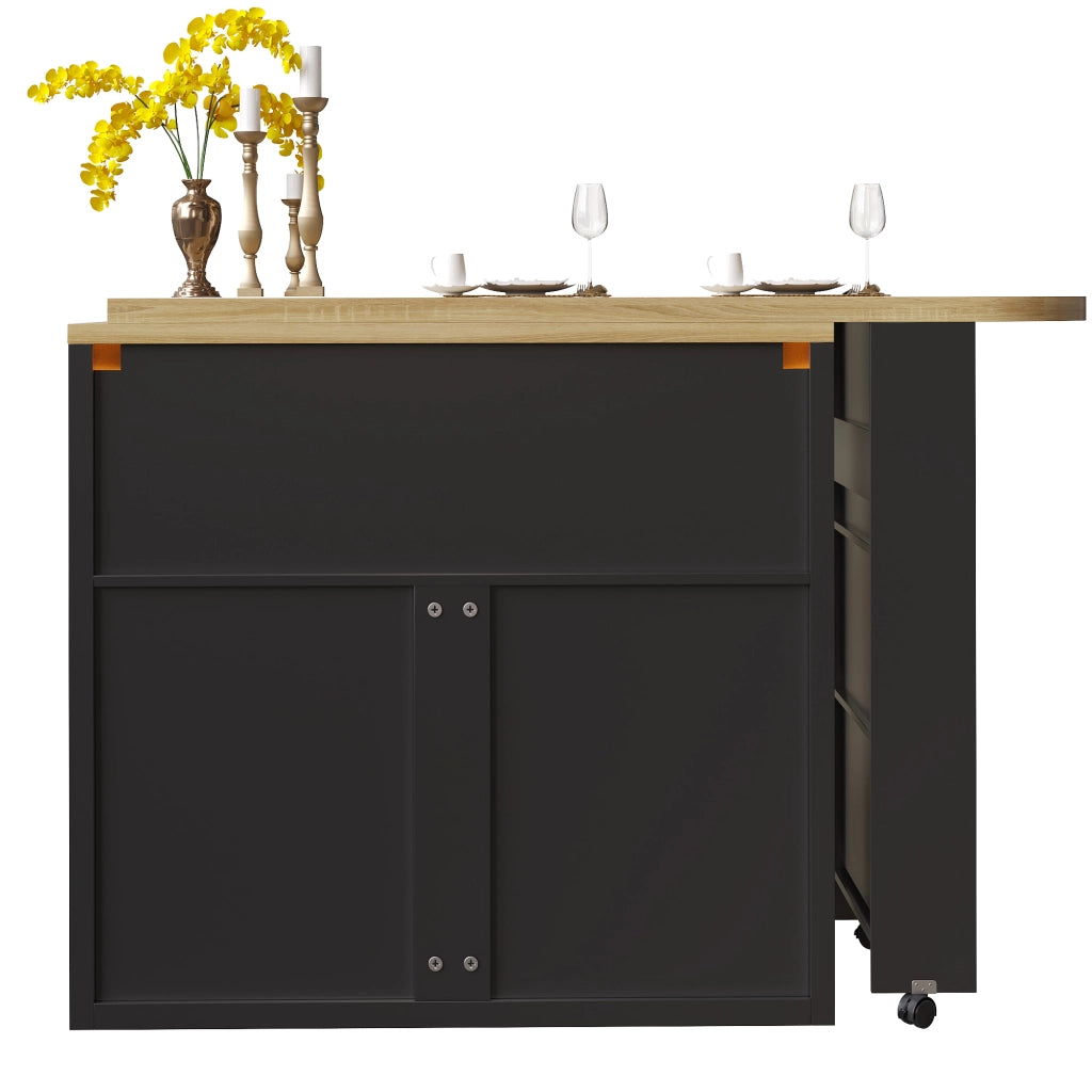 OKWISH Carrello da Cucina Estensibile con Vano Contenitore e Ripiani Regolabili, LED e Ruote, per Cucina, MDF e Vetro, 135-205 x 39 x 100 cm