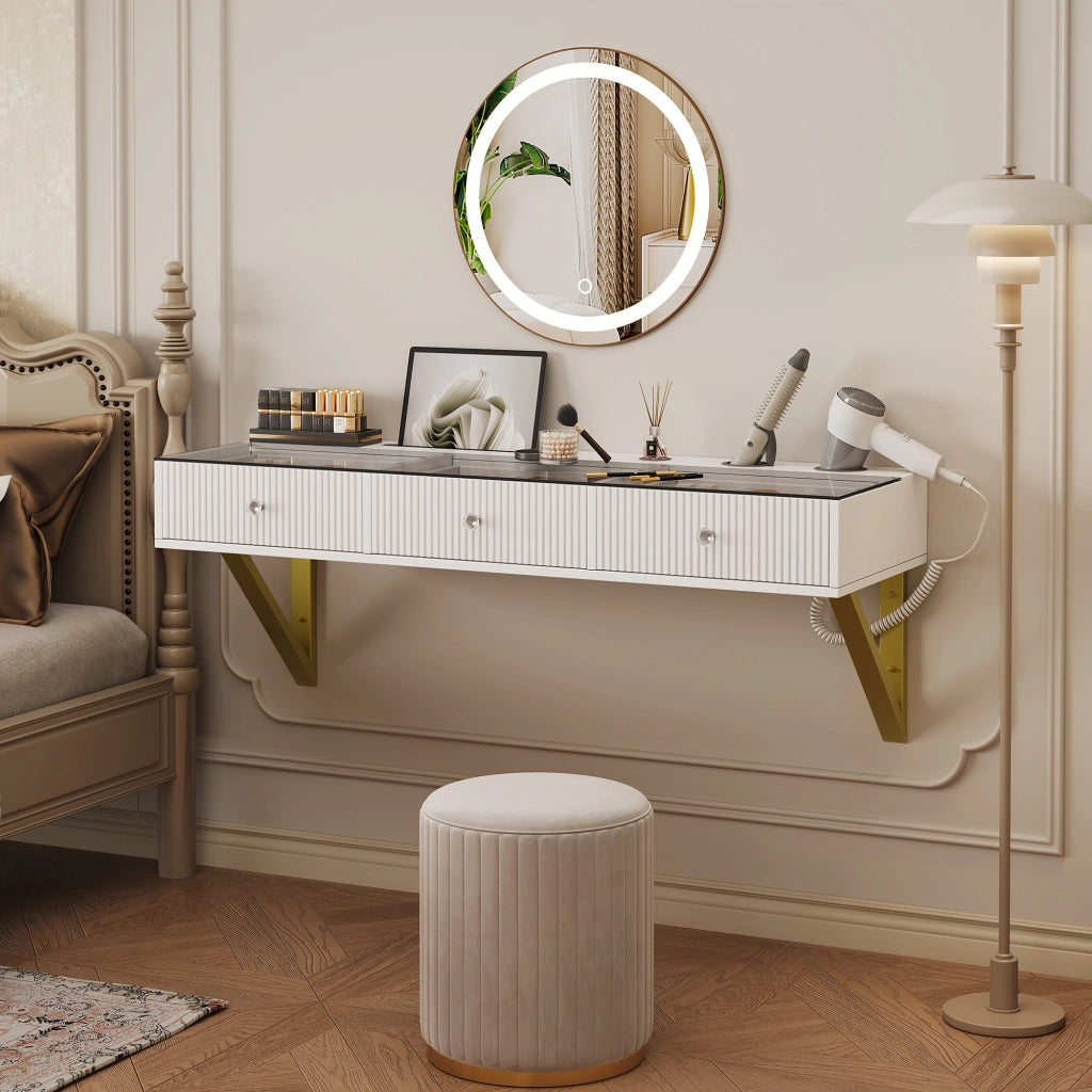 Tavolo da toeletta a parete con 3 cassetti; piano vetro; supporto tablet e portacoppe; Bianco; 120×40×45cm (senza specchio LED)