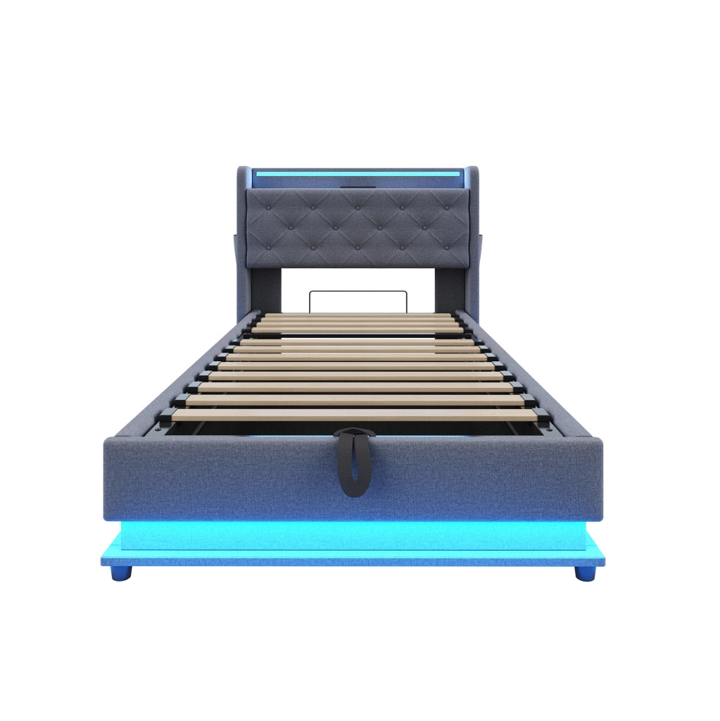 Letto imbottito 90x200 cm con LED e USB; contenitore idraulico; tessuto in lino; grigio