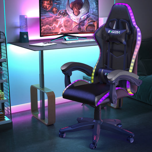 Sedia Gaming RGB LED - RATTANTREE - Sedia poltrona da gaming per ufficio videogiochi reclinabile - sedia gaming ergonomica in Pelle Pu - con Poggiatesta - Nero