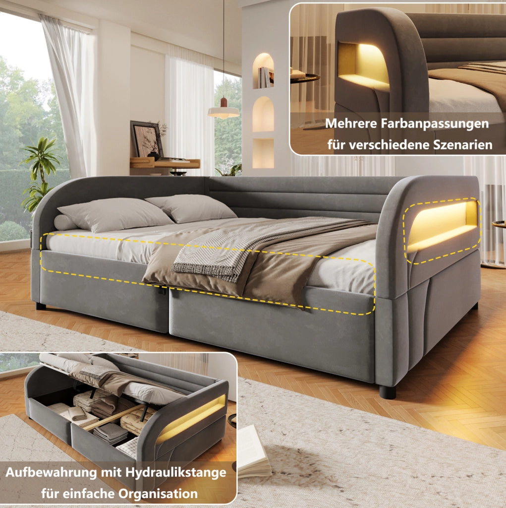 Letto imbottito 140x200 cm con contenitore idraulico e LED; grigio