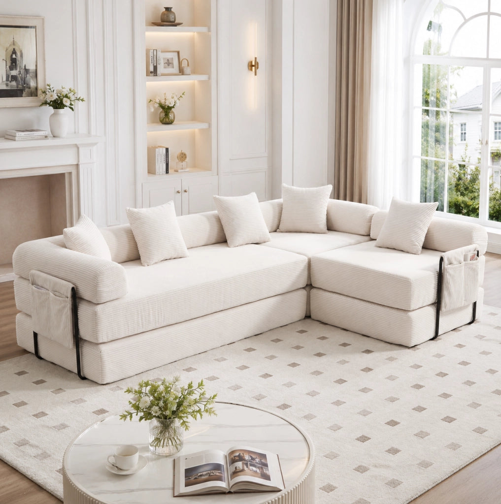 Divano modulare in velluto a coste beige 270x180x64 cm con tasca laterale e funzione letto