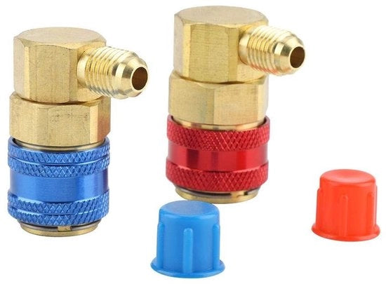 Connettori a Snelkoppeling - 2 x Giunti in Messing - 1/4 pollici SAE - R134a - Blu/Rosso - Nuovi 25 x 44 mm