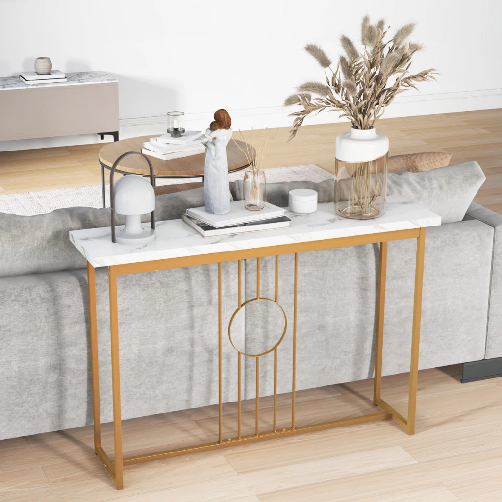 Tavolo console da 120cm con piano effetto marmo e struttura in metallo, Tavolo moderno con cornice dorata Bianco-Consolle