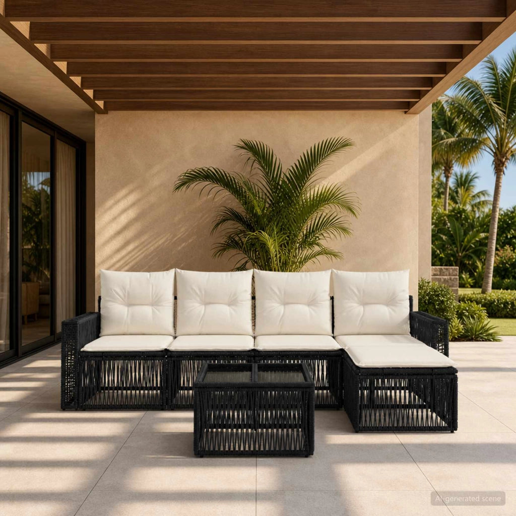 Set Divano da Giardino 6 pz Nero e Bianco Crema polyrattan 3435112