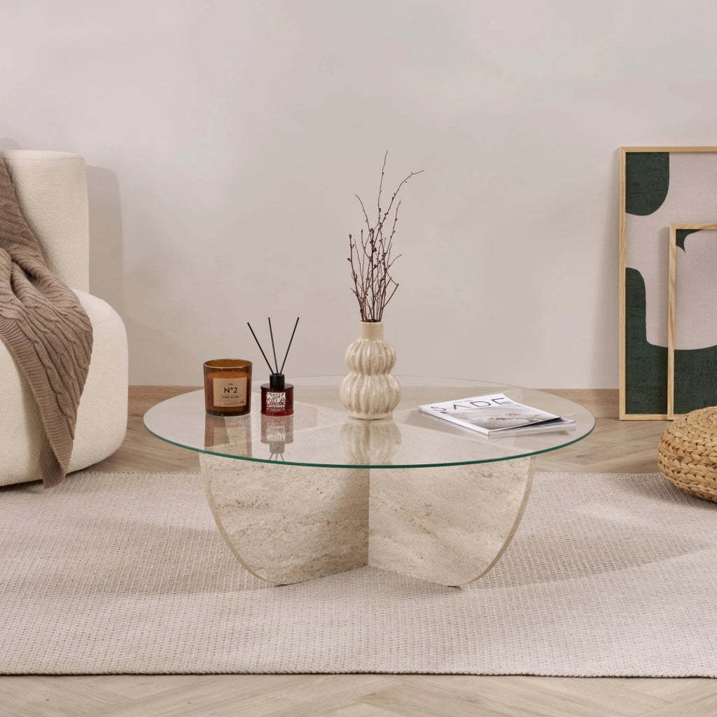 Tavolino in vetro "Liya" 90 x 90 x 30 cm - Travertino