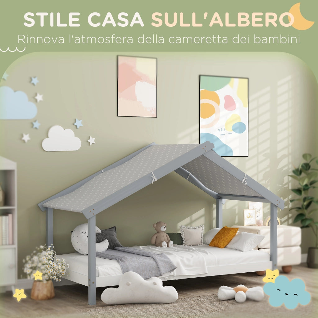 Letto a Casetta Montessori per Bambini con Tetto Stellato ¨C zephmum ¨C 90x190 cm, Grigio, Legno di Pino