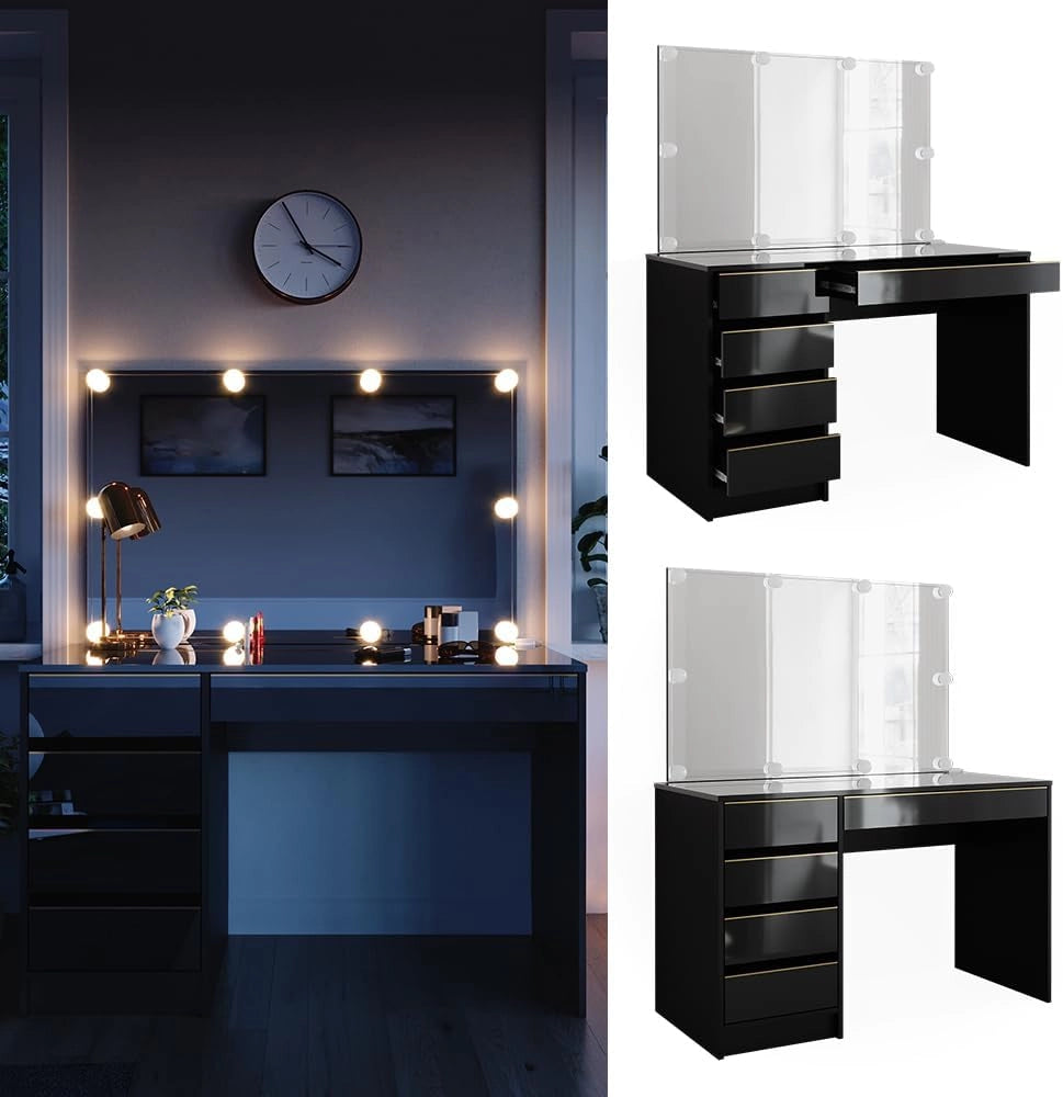 Vicco Set tavolino da toilette Sherry, Nero/oro, 120 cm con illuminazione a LED, con illuminazione LED e grande specchio rettangolare