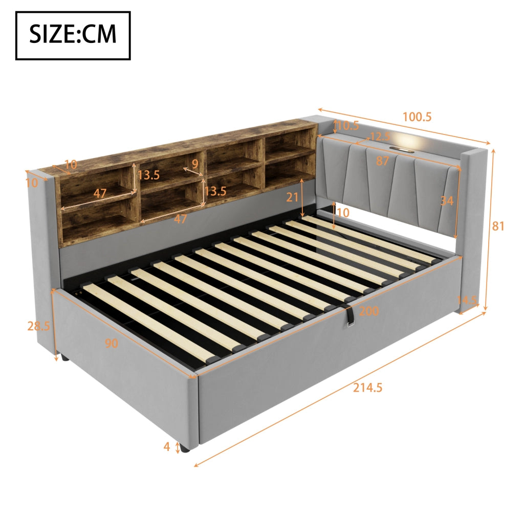 Letto imbottito 90x200 cm in velluto grigio con testiera; luce notturna; USB e Type-C
