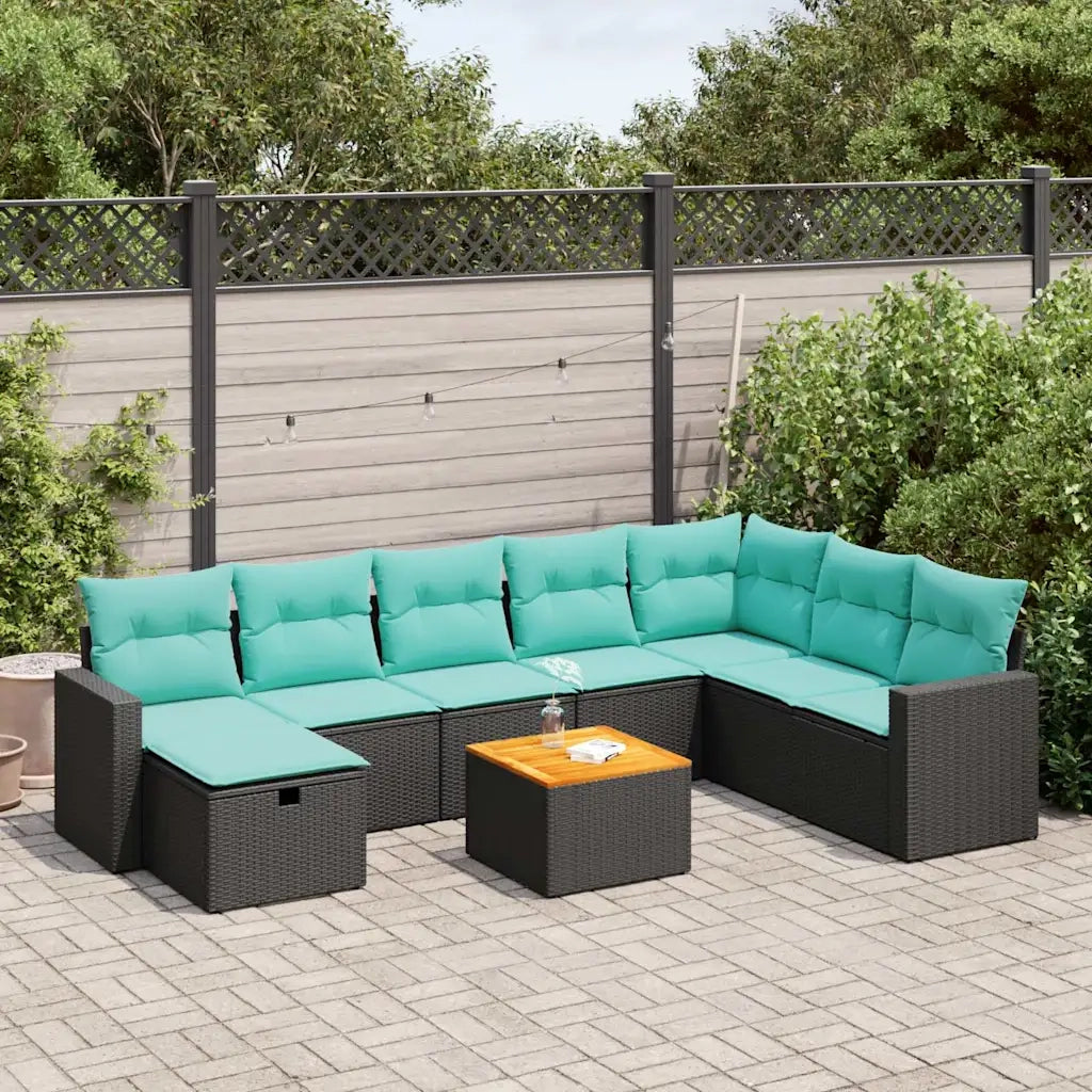 Set Divani da Giardino 9 pz con Cuscini Nero in Polyrattan