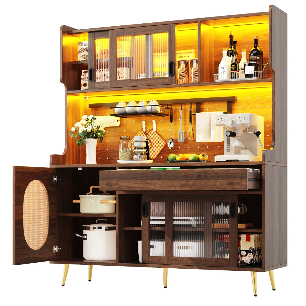 Credenza con Ante e Vetro Scanalato ¨C MINIMAL ¨C Marrone/Nero, 145x39x171cm, 5 Ante, LED
