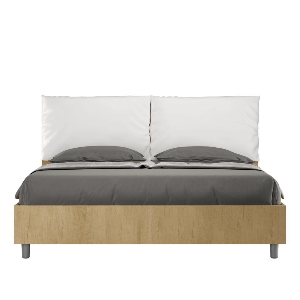 Letto Matrimoniale 160x190 cm con Rete e Contenitore Struttura Quercia con Cuscini in Similpelle Egos Antea Bianco