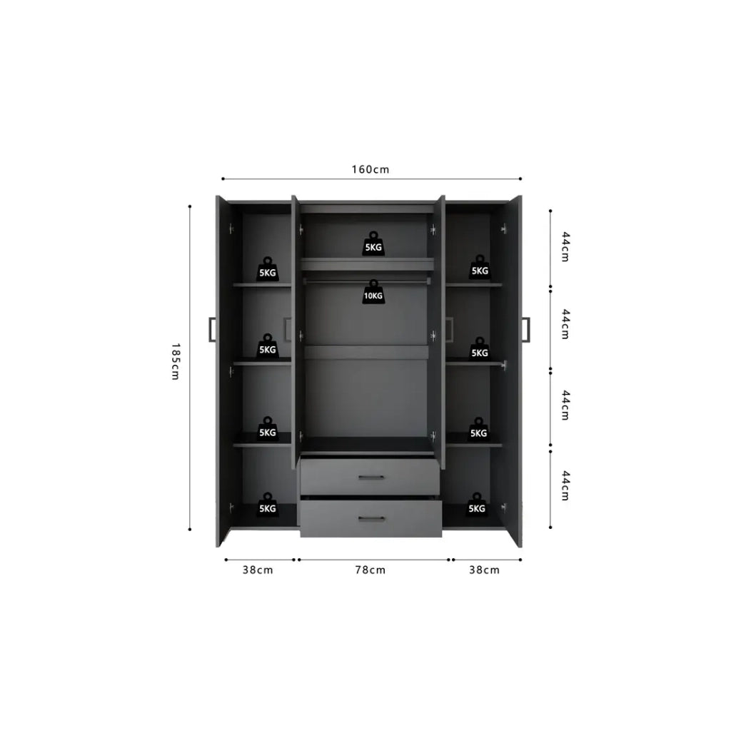Armadio TOM – 4 porte con specchi – Colore grigio antracite – L160 cm – Design moderno e grande capacità di stoccaggio