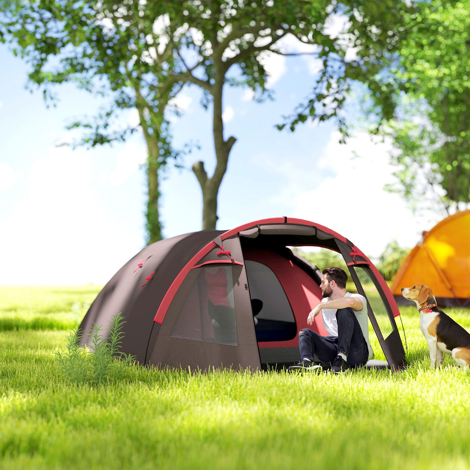 Tenda da Campeggio Impermeabile 360x250x130 cm da 2-4 Persone con Stanze Separate e Doppie Porte Grigio