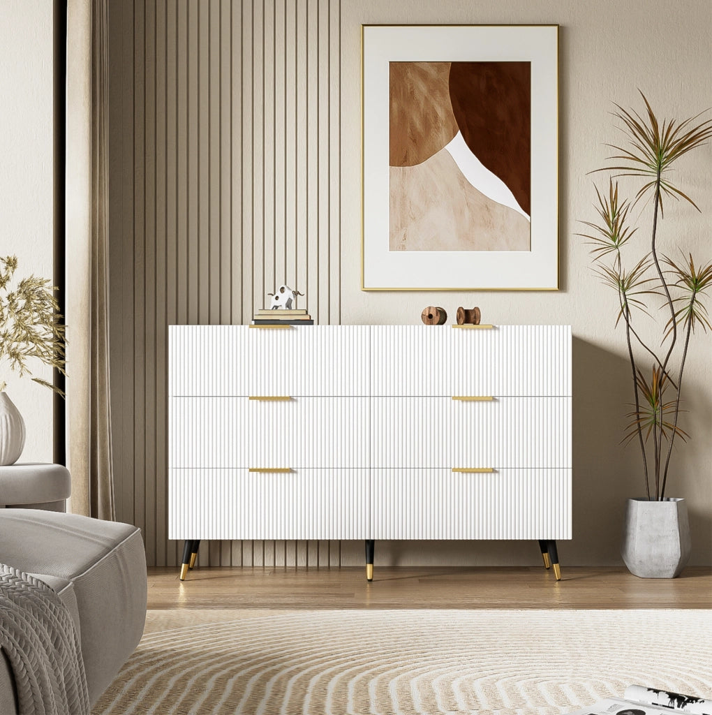 Credenza bianca e oro in legno truciolare 120x77x40 cm con 6 cassetti e gambe alte 15 cm