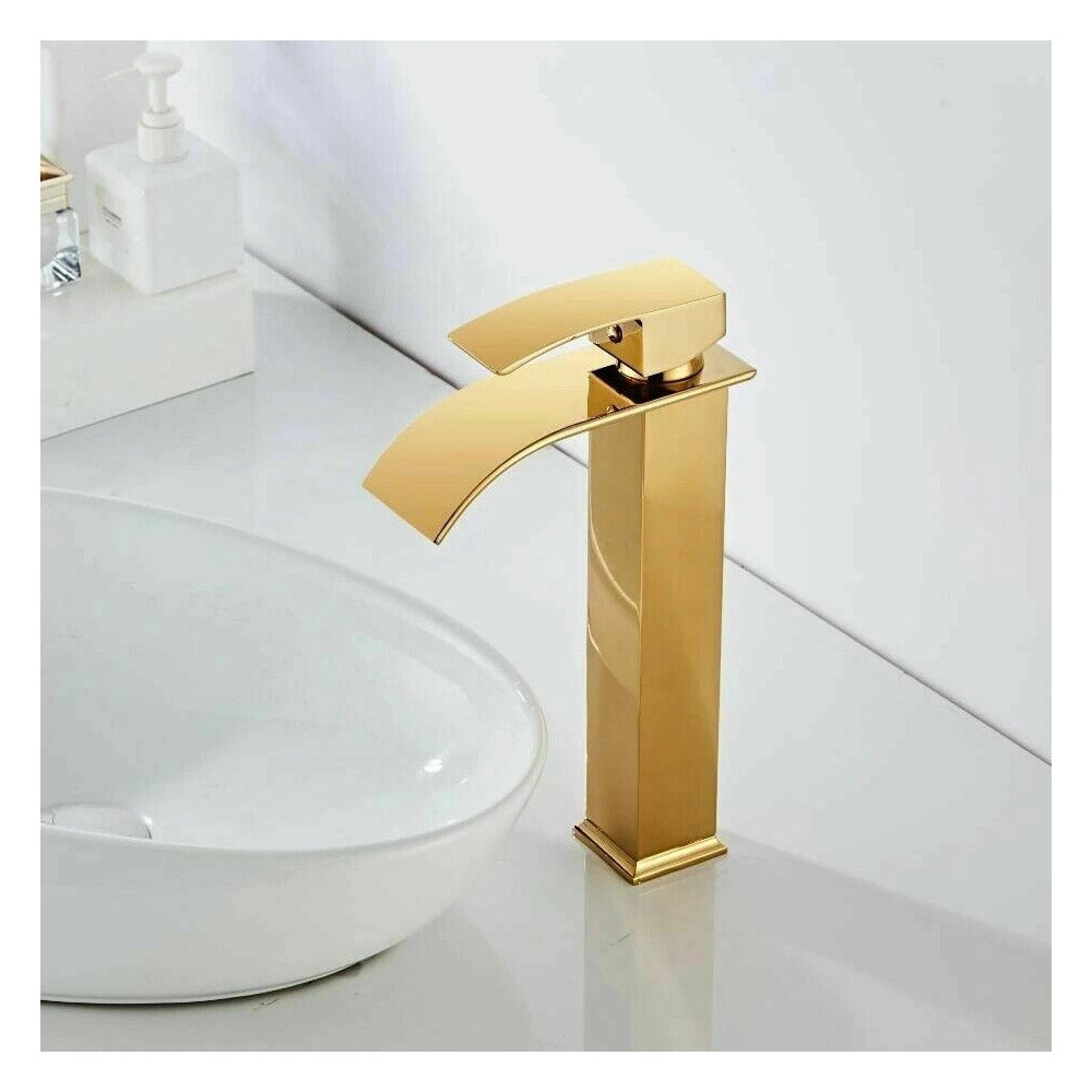 Trade Shop - Rubinetto Alto Da Bagno Design Moderno A Cascata Miscelatore Monocomando Dorato -