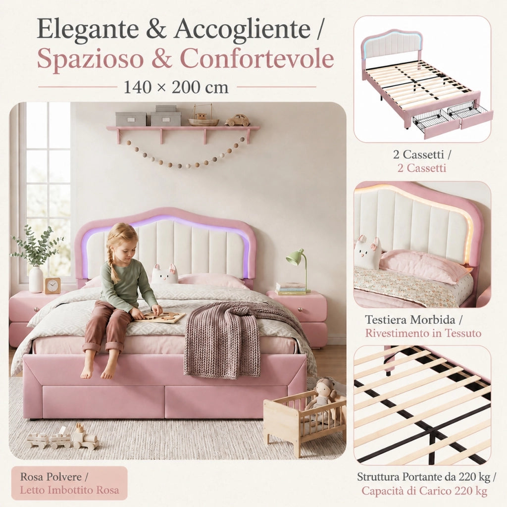Letto imbottito rosa 140x200 cm con due cassetti LED controllata da app in velluto