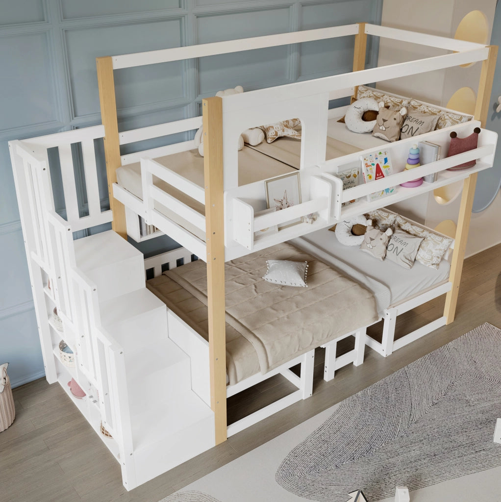 Letto a castello per bambini 90x200 cm con tavolo pieghevole e scala contenitore