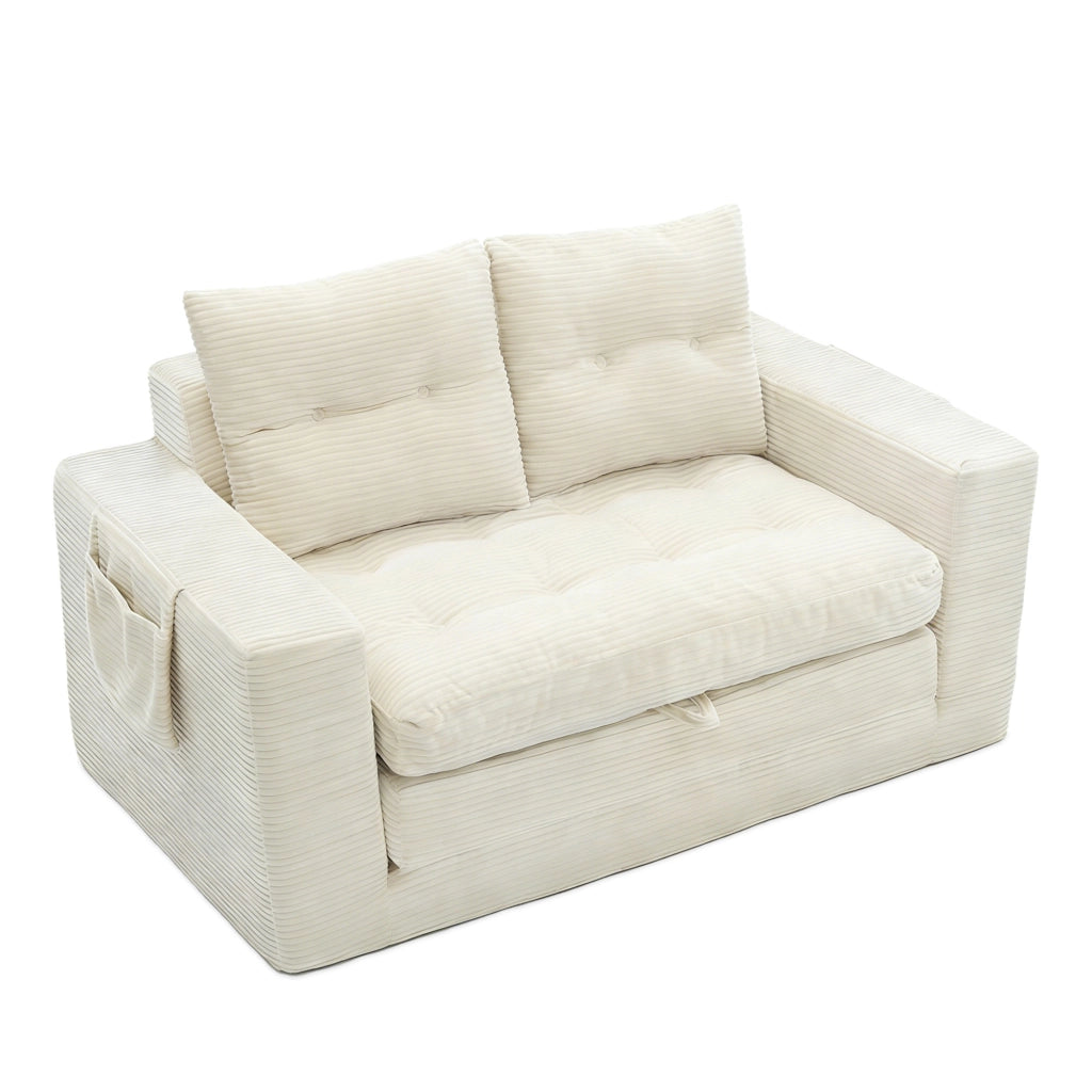 Divano letto 2 posti - con funzione convertibile e tasche laterali - in velluto a coste beige