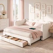Letto daybed estraibile 90x200 cm con cassetti, USB e tessuto effetto velluto, beige