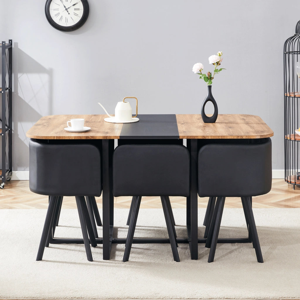 Tavolo da pranzo allungabile con sedie contenibili per 4 6 persone in MDF e metallo nero e effetto legno