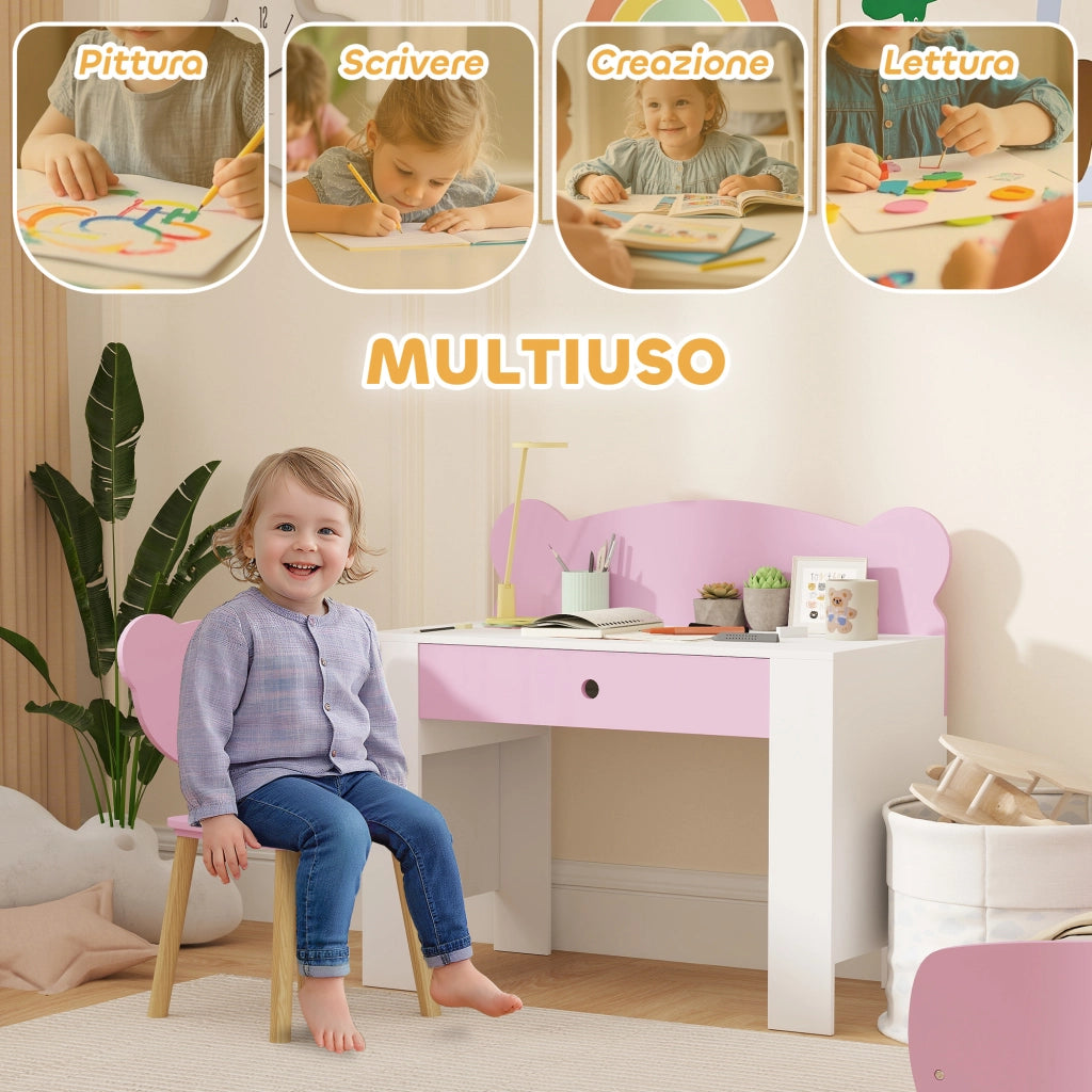Banco Scuola con Sedia per Bambini Schienale a Orsetto Età 3-8 Anni in MDF e Legno Rosa