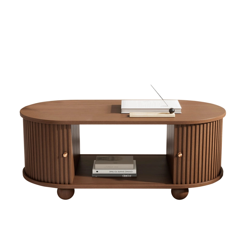 Tavolino da salotto ovale con anta scorrevole e vano contenitore; in MDF; Noce; 100 × 50 × 40 cm
