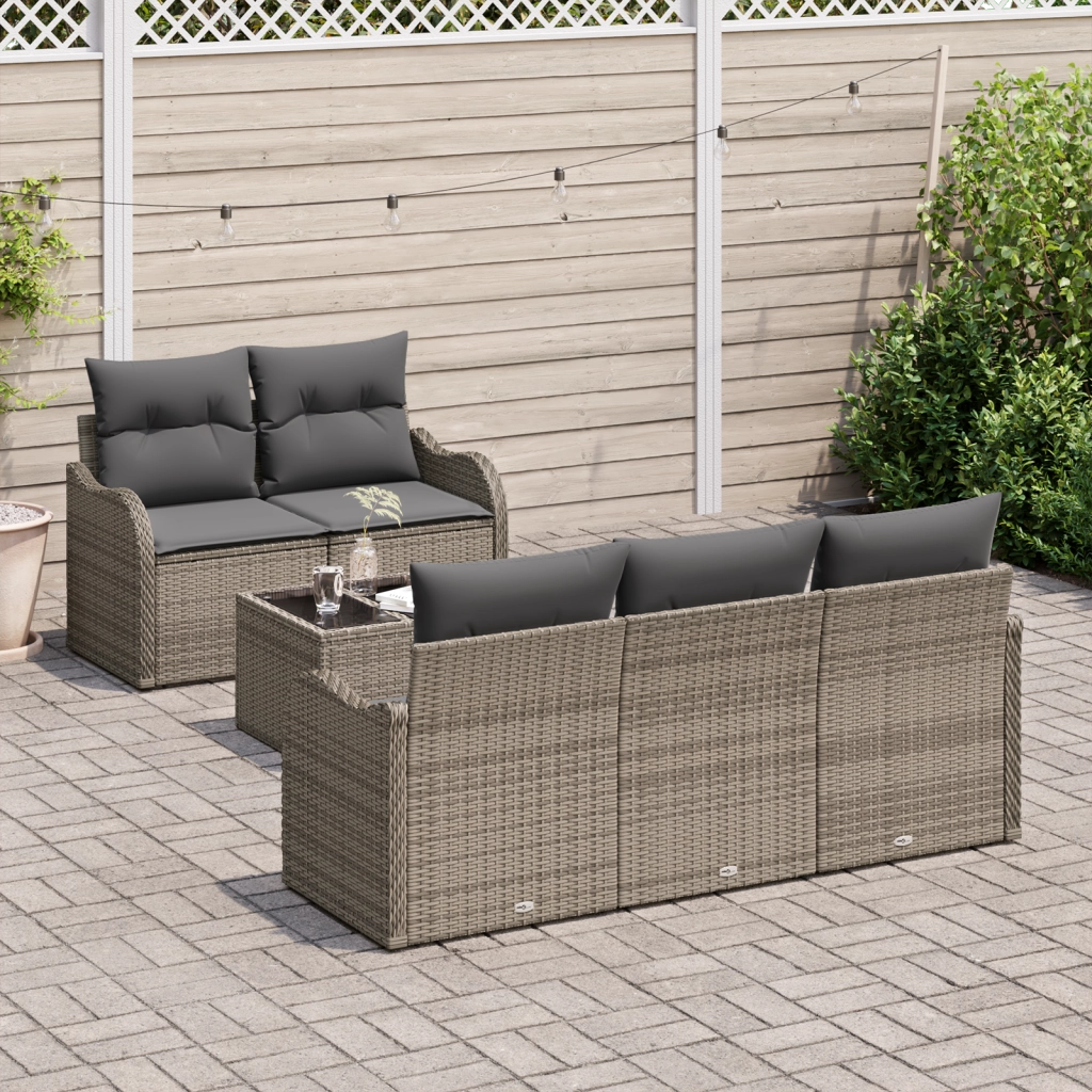 Set Divano da Giardino a 6 Pezzi con Cuscini Grigio Poly Rattan