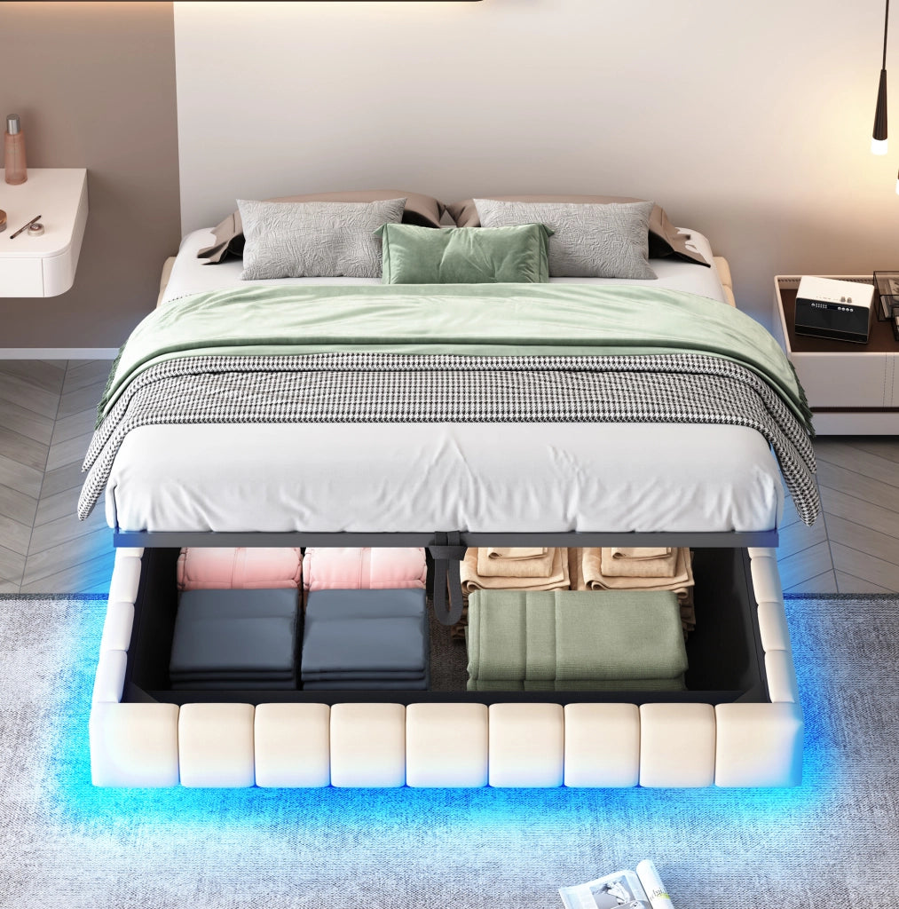 Letto imbottito sospeso 160 x 200 cm beige con LED e vano contenitore