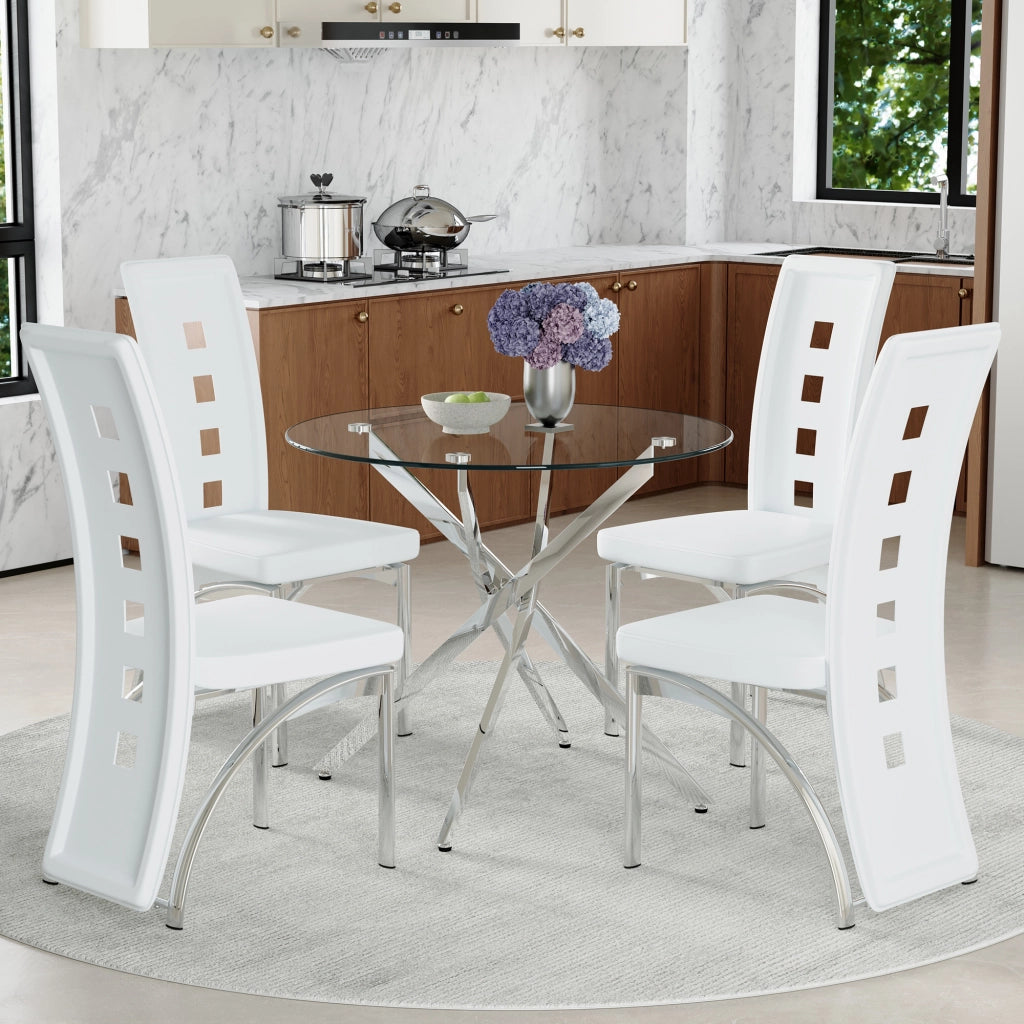 Set tavolo da pranzo e sedie con 1 tavolo rotondo e 4 sedie; vetro temperato e metallo; bianco e argento