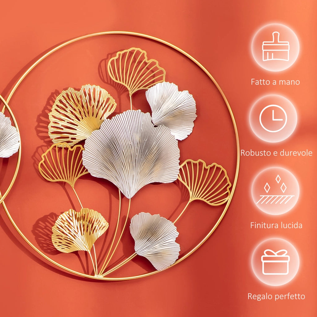 EasyComfort Decorazione Murale 3D in Metallo, Wall Art Dorata con Ginkgo in due Cornici Rotonde, 102x66.2cm, Oro e Argento