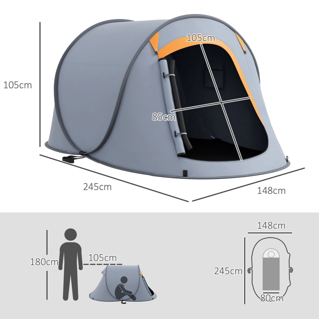 Tenda da Campeggio Pop Up Impermeabile Singola 245x148x105 cm Finestra a Rete Grigio